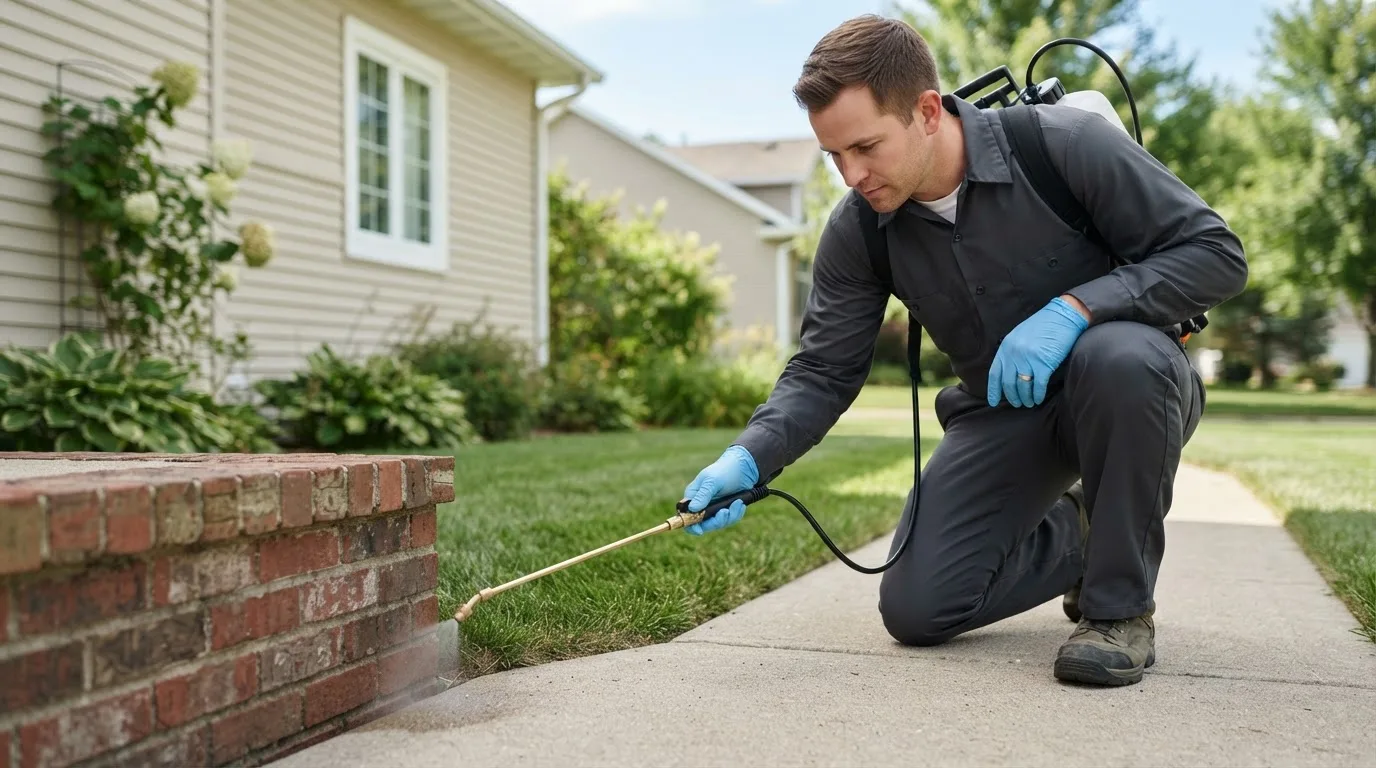 Pest control technician treating a home near East Pittsburgh, PA
