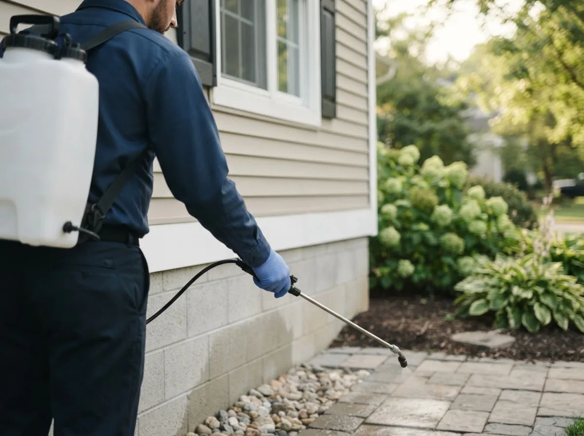 Pest control technician inspecting a home in East Pittsburgh, PA